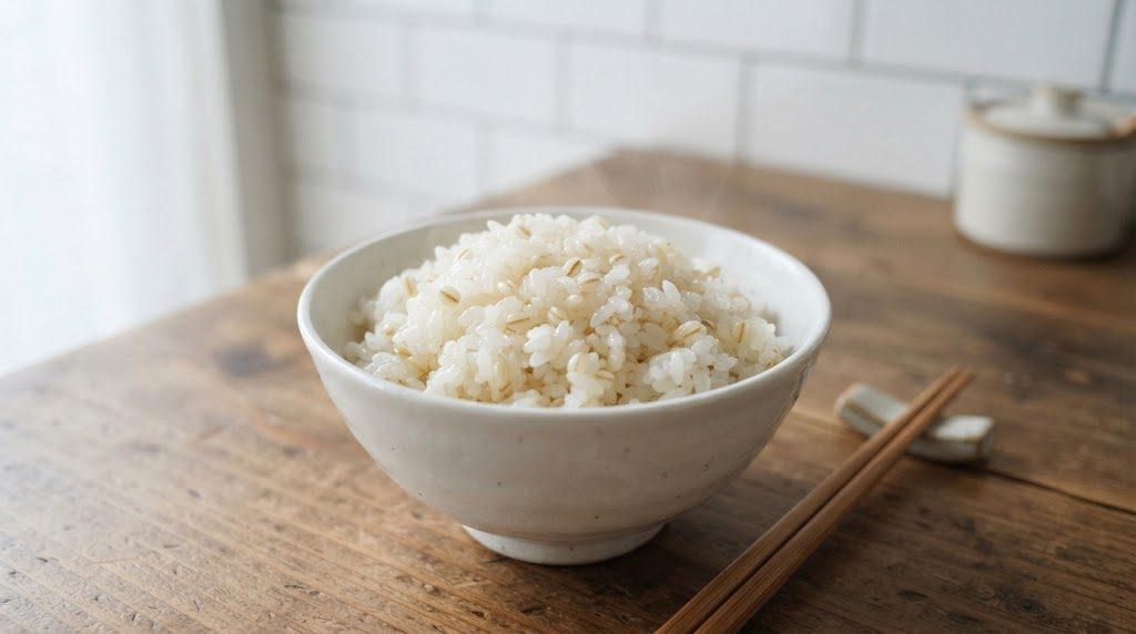 白米にもち麦を混ぜて炊いた、炊きたてのご飯を盛った茶碗。白いご飯のところどころに、うすい色のもち麦の粒が混ざっている