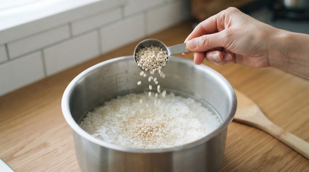 水を張った白米の入った内釜に、計量スプーンでもち麦を加えている手元