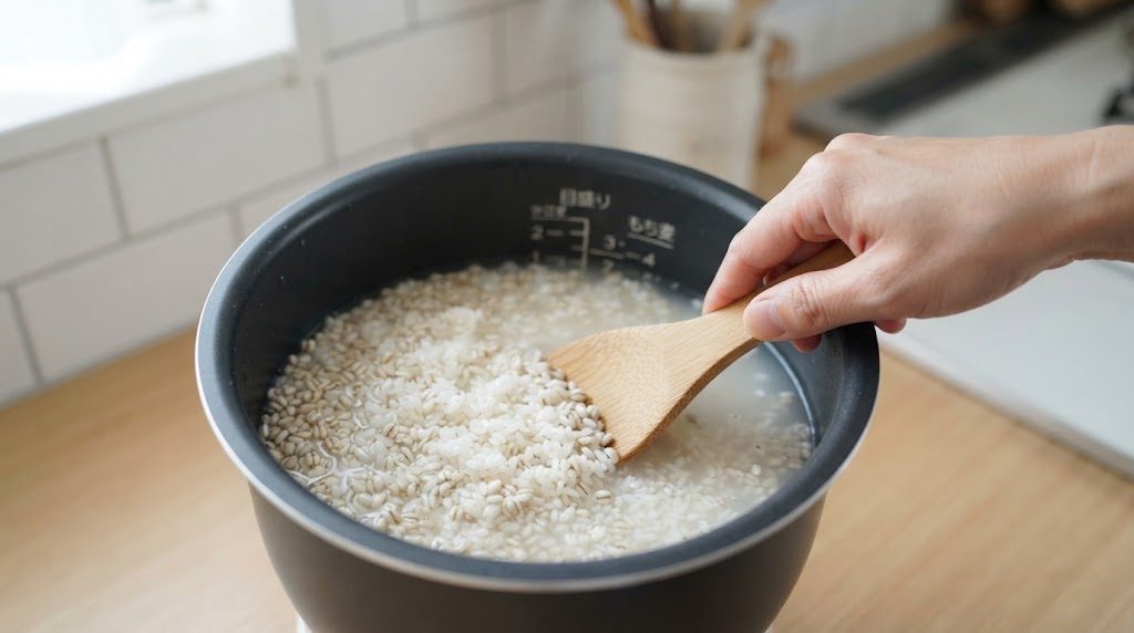 内釜の白米ともち麦と水を、しゃもじで底から軽く混ぜている手元