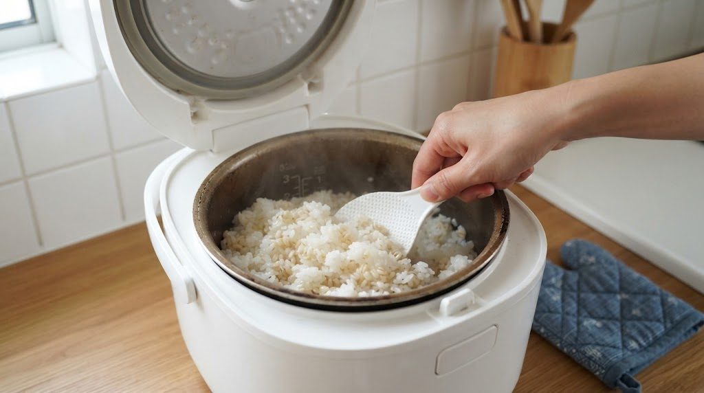 炊きあがったもち麦ごはんを、しゃもじで底から大きく混ぜている手元。横に鍋つかみが置かれている