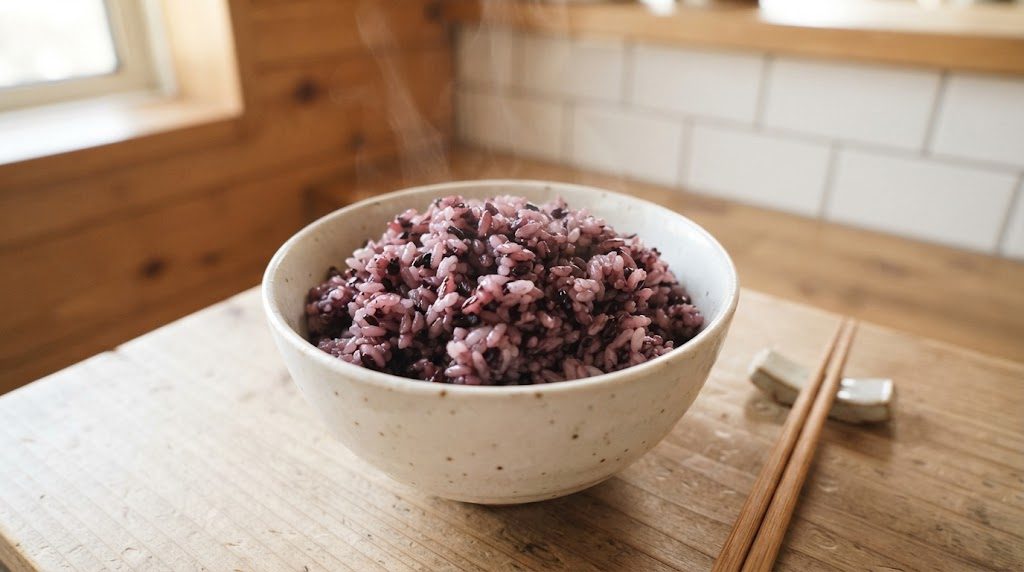 黒米を混ぜて炊いた、全体がうすい紫色のご飯を盛った茶碗