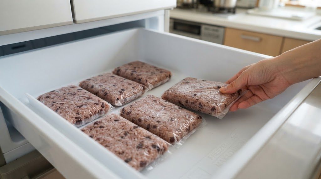 ラップで1食分ずつ平たく包んだ赤飯を、冷凍庫の引き出しに並べている手元