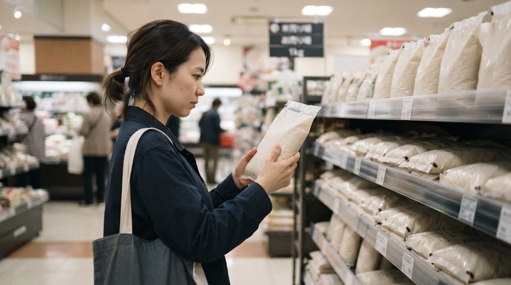 スーパーの米売り場で、1kgのもち米の袋を手に取って裏の表示を確かめている女性