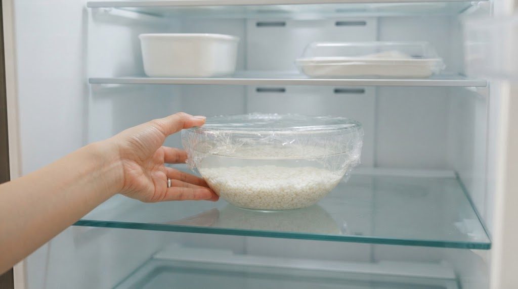 水に浸したもち米のボウルにラップをかけて、冷蔵庫の棚に入れている手元
