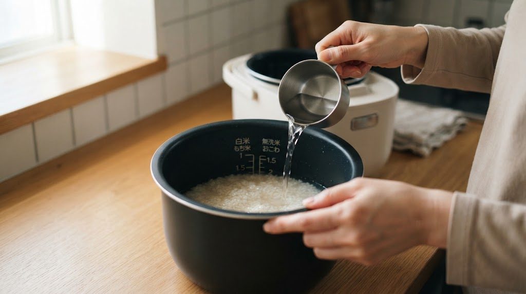 炊飯器の内釜の中のもち米に、計量カップから水を注いで内側の目盛りに合わせている手元