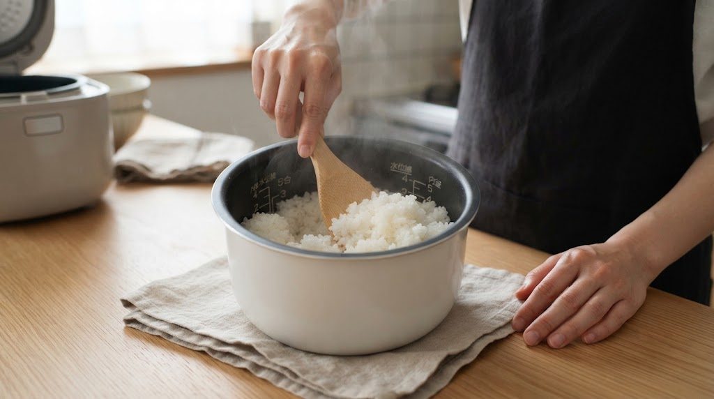 炊飯器の内釜に入った炊きあがりのご飯を、しゃもじで底から返している手元