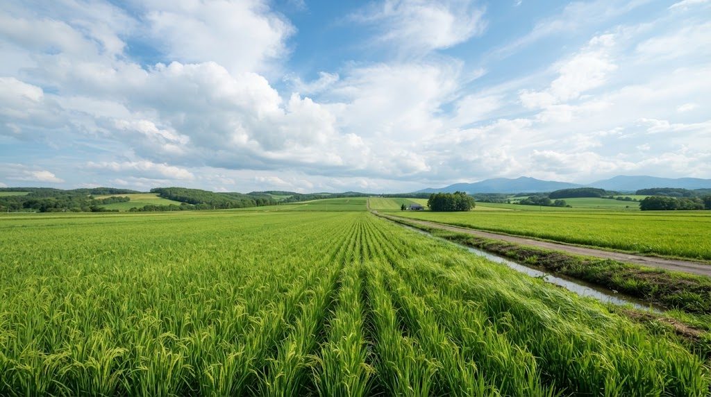 青々とした稲が地平線まで続く、北海道の広い田んぼと青空