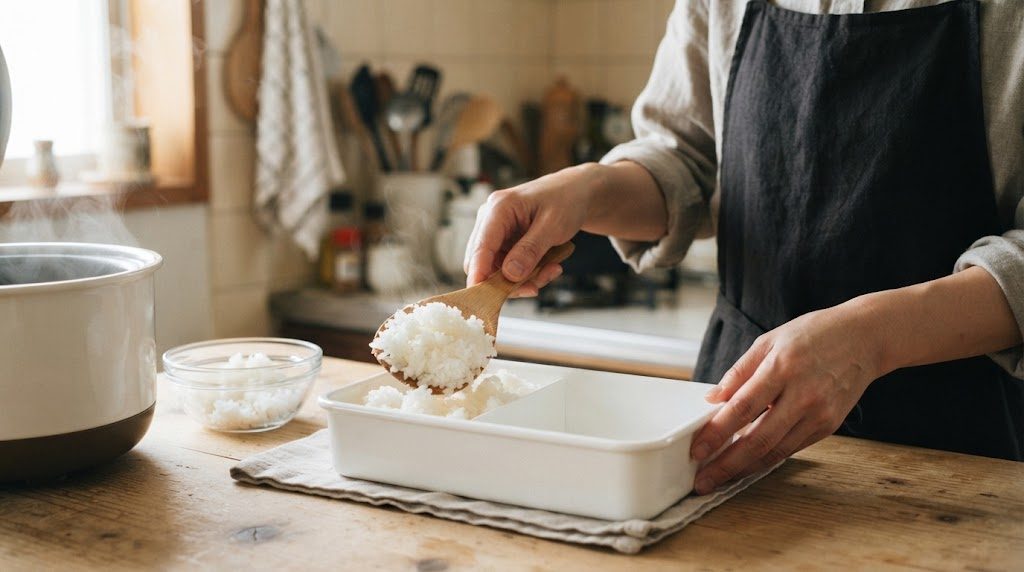 白いお弁当箱の半分に、炊きたてのご飯をしゃもじでふんわり詰めている手元