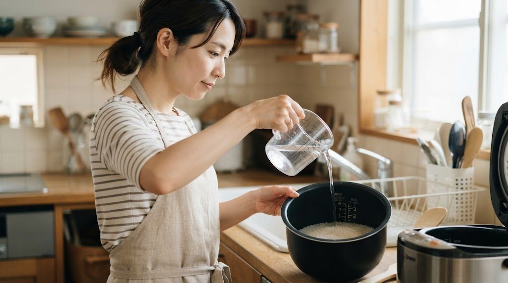 女性が計量カップから炊飯器の内釜に入れた米へ水を注ぎ、もう一方の手で内釜を押さえている様子