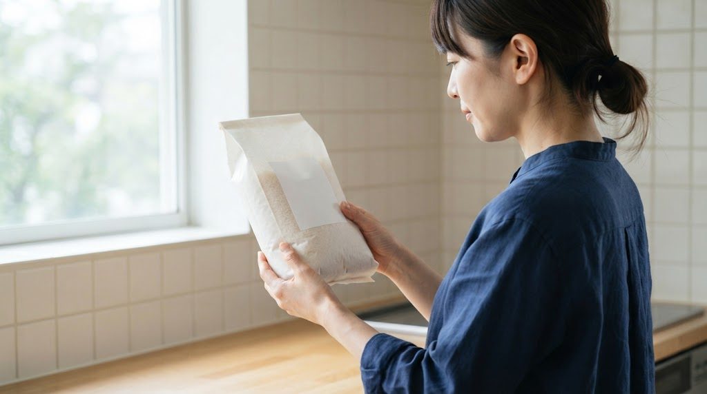 台所の窓辺で、無地の2kgの米袋の裏側の表示欄を見ている女性
