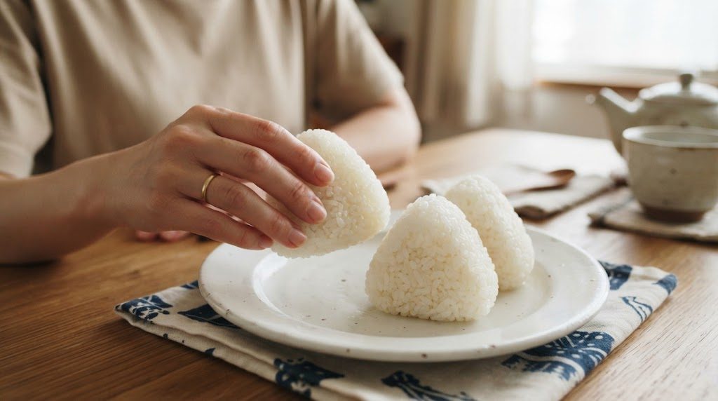 皿に並べた冷めたおにぎりのうち1つを手に取って、食べ比べようとしている様子