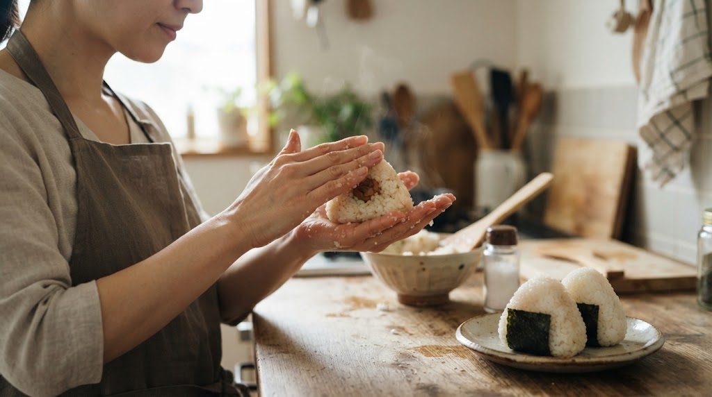 手のひらにのせた炊きたてのご飯を両手で包んで、おにぎりを握っている手元