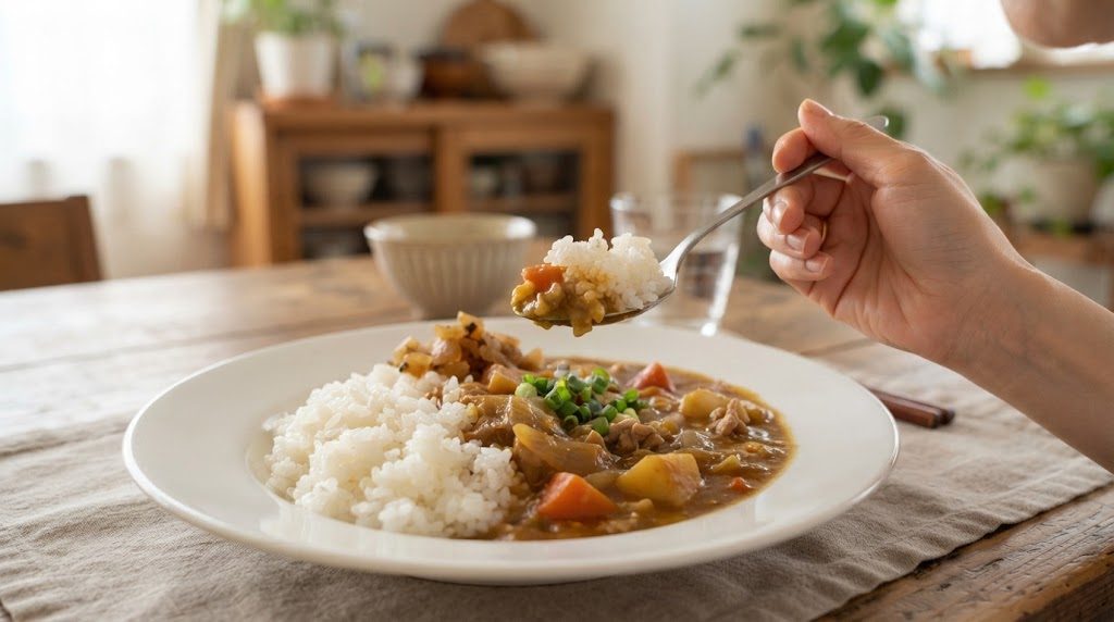 皿に盛ったご飯の隣にかけたカレーを、スプーンですくおうとしている手元