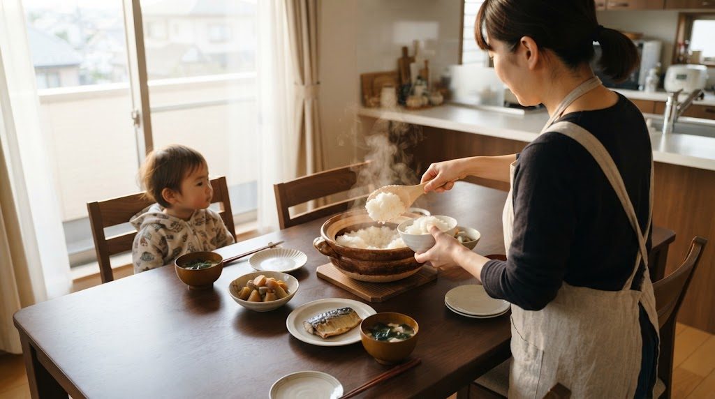 夕方の食卓で、母親がコースターに置いた土鍋のご飯をしゃもじで茶碗によそい、子どもが席で待っている様子