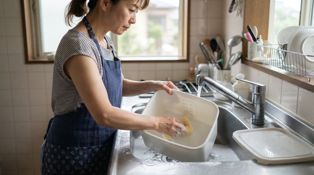台所のシンクの前で、女性が白いプラスチックの米びつを左手で支え、右手のスポンジで内側を洗っている様子