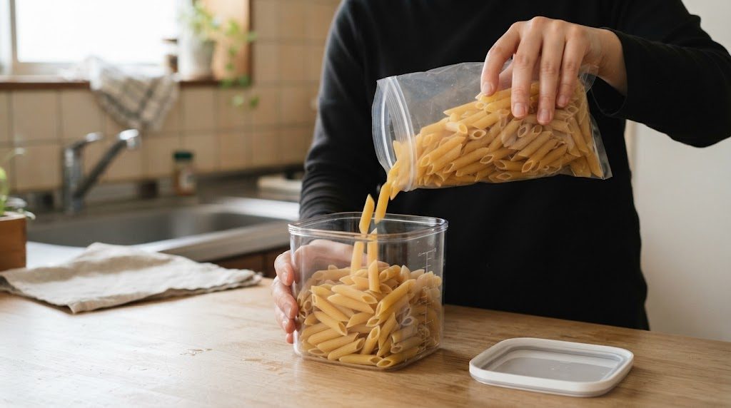 開けたあとの乾燥ペンネを、袋からふた付きの透明な密閉容器に流し入れている手元