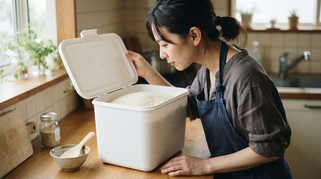 米びつのふたを開けて、顔を少し近づけてにおいを確かめている様子