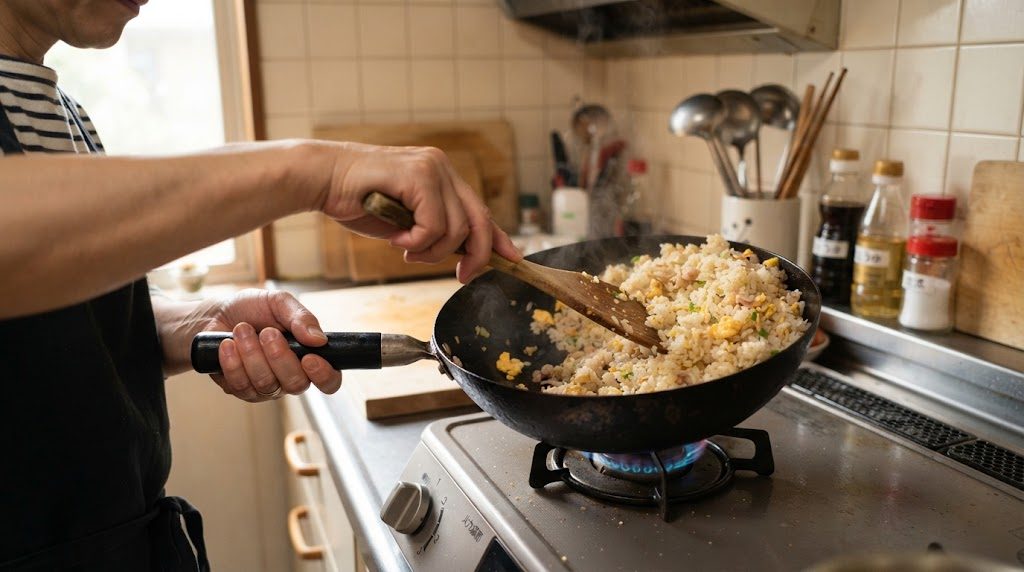 古米で作ったぱらっとしたチャーハンを、中華鍋でへらで炒めている手元