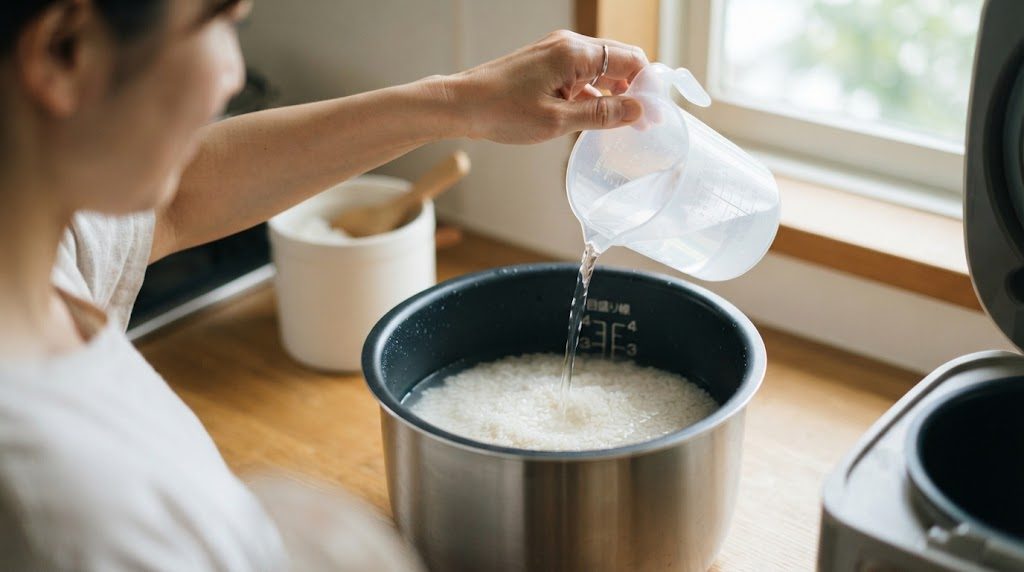 内釜に入れたお米に、計量カップから水を注いで内側の目盛りに合わせている手元