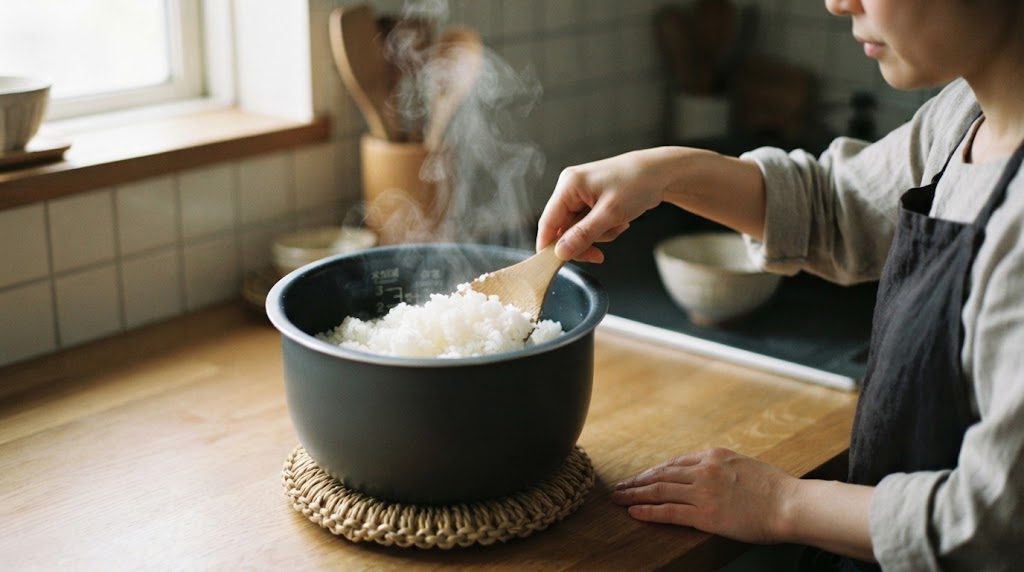 炊きあがった内釜のご飯を、しゃもじで底から返してほぐしている手元