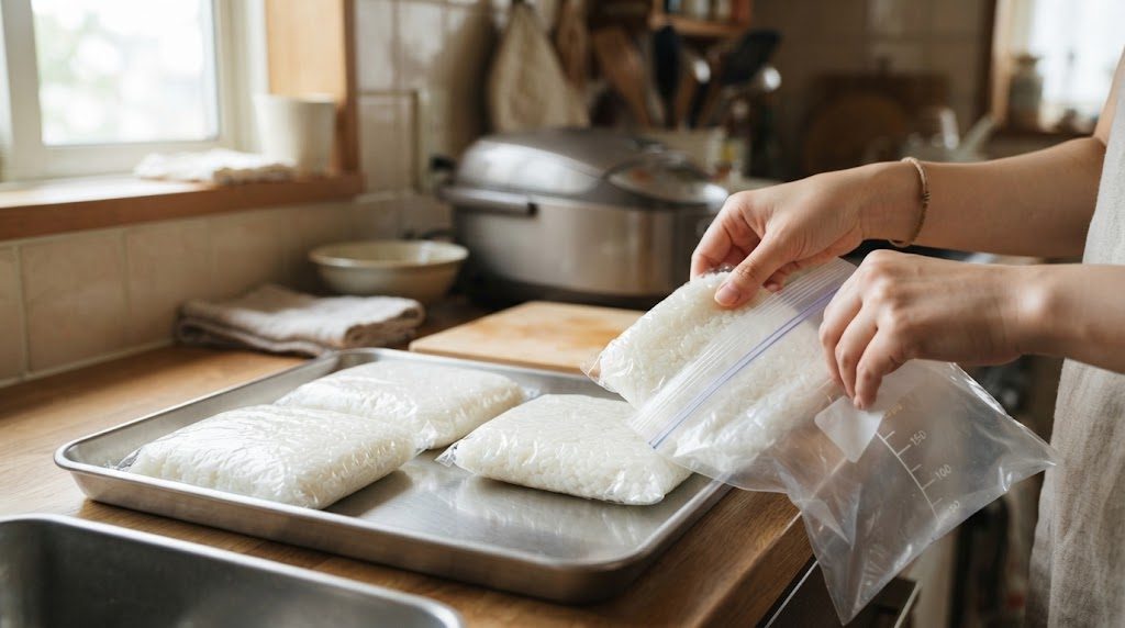 ラップで平らに包んだご飯を金属のバットに並べ、冷凍用の保存袋に入れている手元