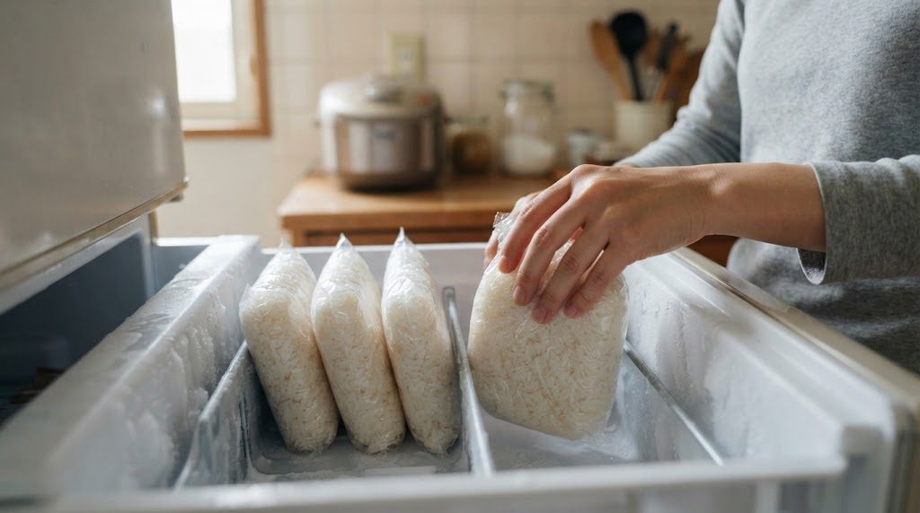 冷凍庫の引き出しに、平らに凍ったご飯の包みを立てて並べている手元