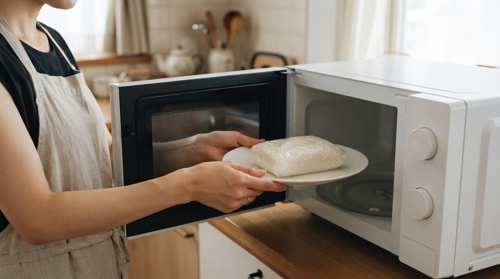 ラップで包んだ冷凍ご飯を耐熱皿にのせて、電子レンジに入れようとしている手元