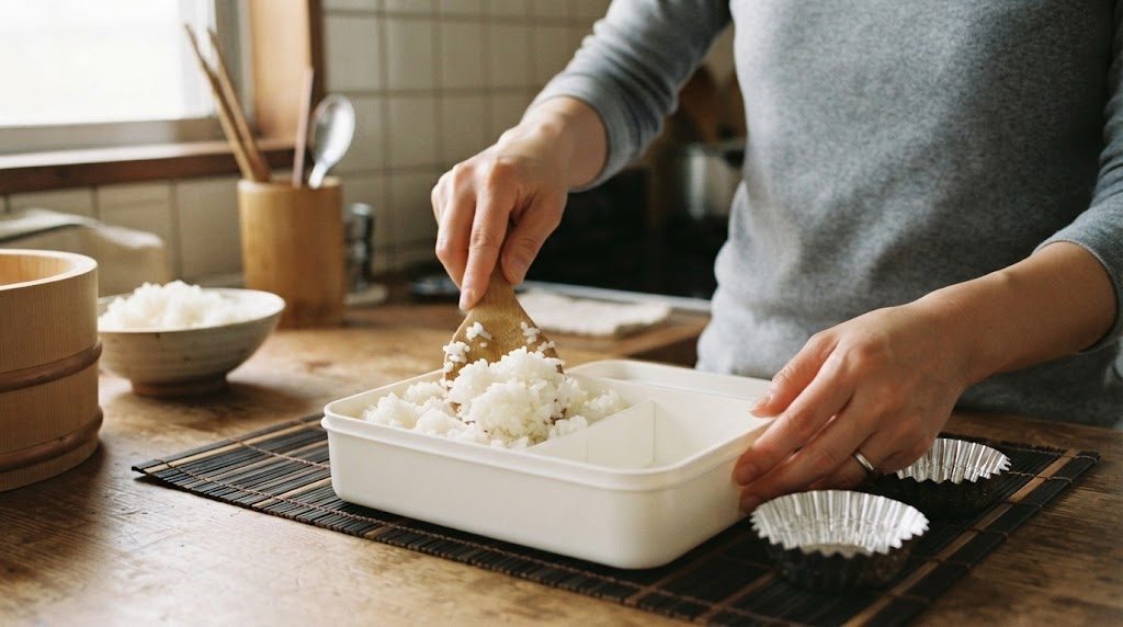 お弁当箱の半分に、冷ましたご飯をしゃもじでふんわり詰めている手元