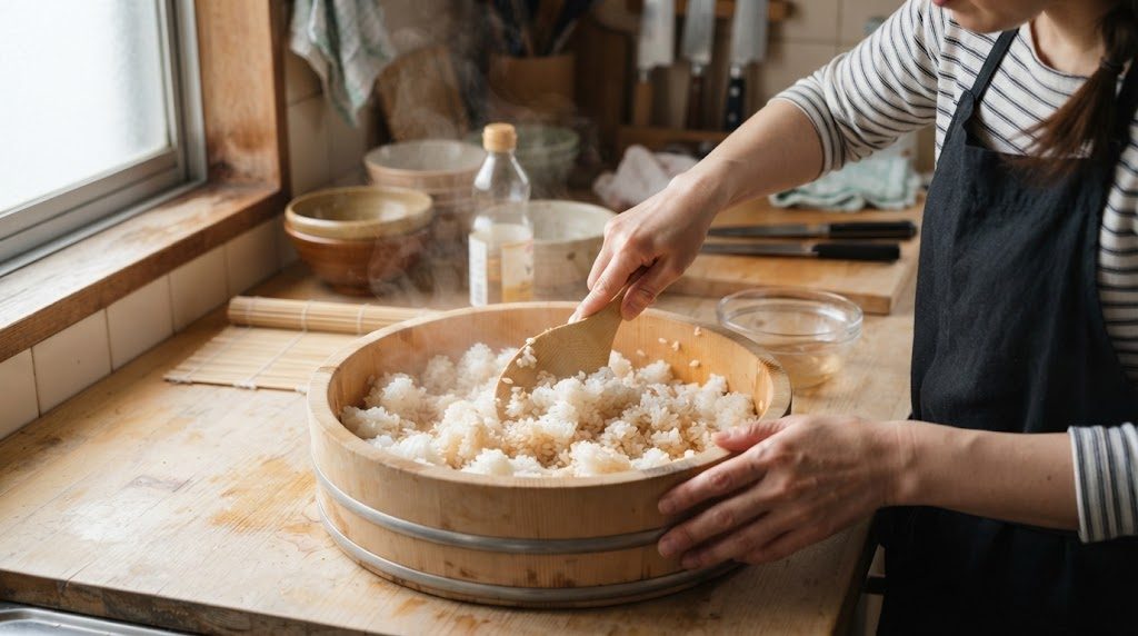 木の寿司桶のご飯をしゃもじで切るように混ぜている手元