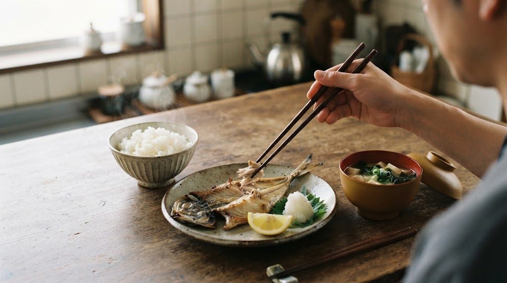 茶碗のご飯、焼き魚、みそ汁が並んだ和食の食卓で、箸を持った手が焼き魚をほぐそうとしている様子