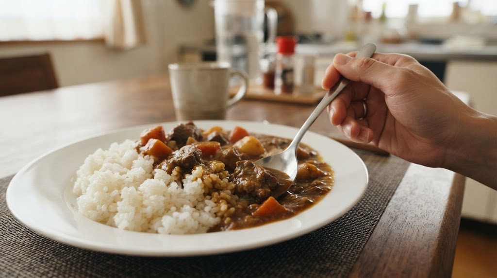 皿に盛ったご飯の隣にかけたカレーを、スプーンですくおうとしている手元