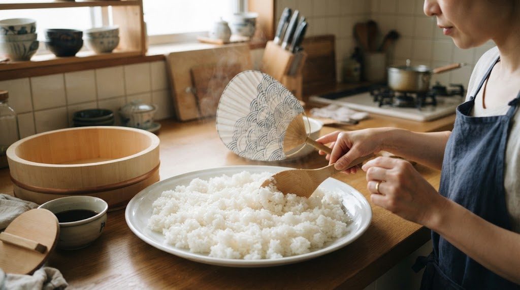 平らな大皿に広げた酢飯を、うちわであおいで冷ましながらしゃもじで返している場面