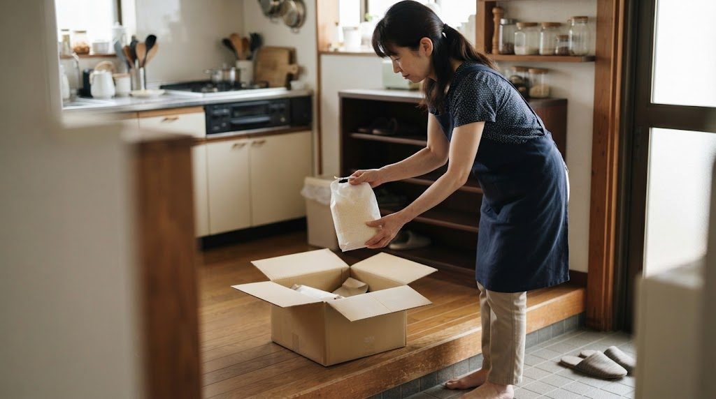 玄関先で届いた段ボール箱を開け、中から無地の米袋を取り出して台所へ運ぼうとしている女性